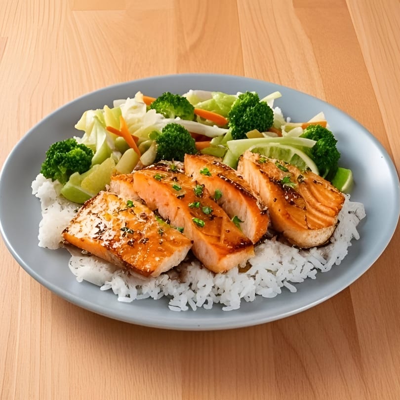 Teriyaki salmon with rice, broccoli, and mixed vegetables on a light blue plate.