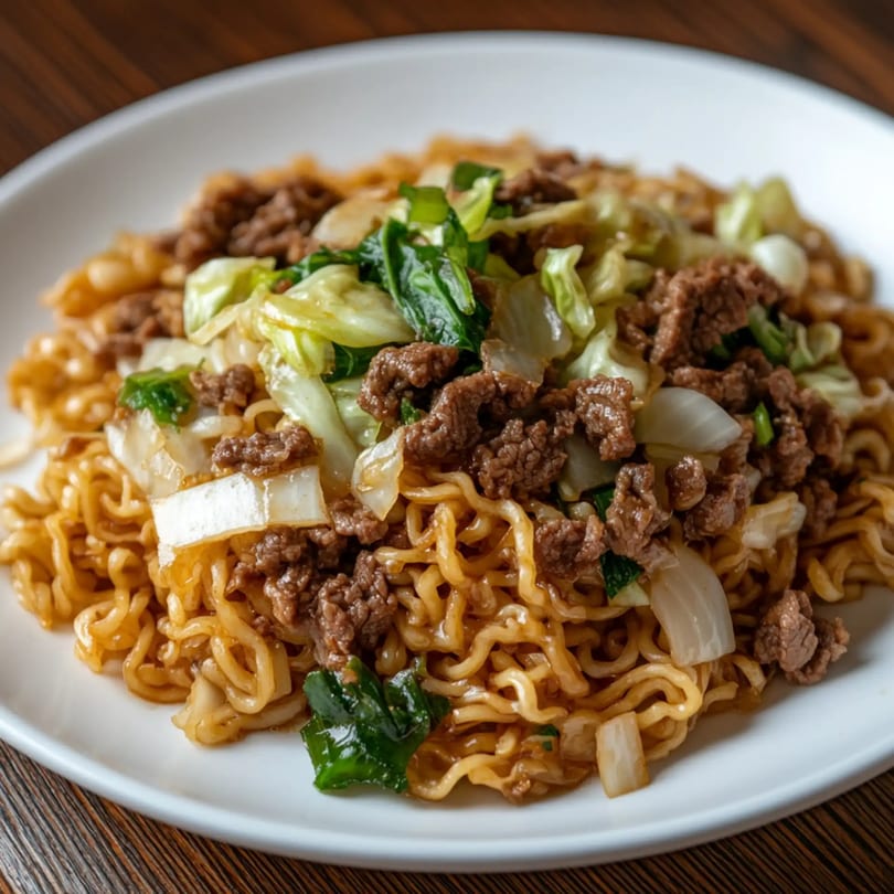 Linsway Grill & Teriyaki's Japanese yakisoba noodles with beef, cabbage, and onions on a white plate.